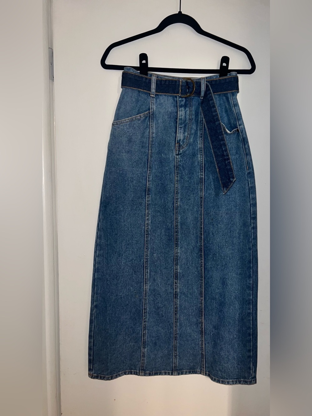 High-Rise Blue Denim Maxi Skirt with Belted Waist